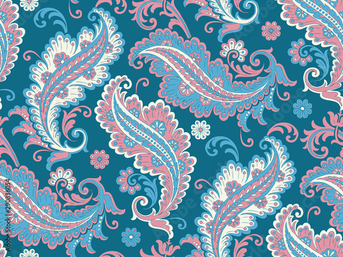Seamlessly repeating blue pink paisley pattern