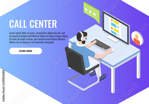 Concept of call center.  Technical support or dispatcher call center. Male operator on call center. Isometric vector illustration.