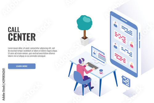 Concept of call center.  Technical support or dispatcher call center. Male operator on call center. Isometric vector illustration.