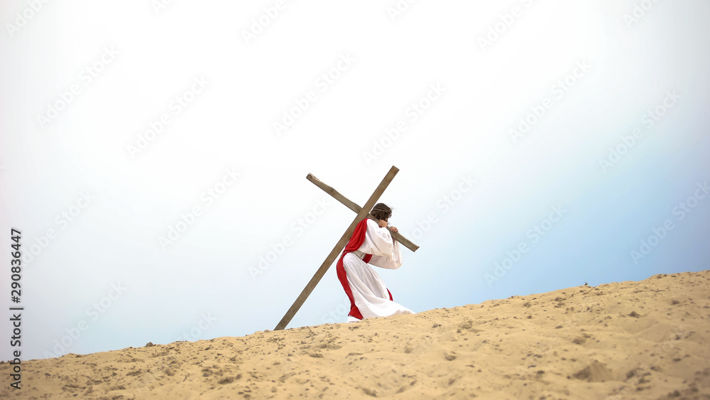 Historical personification of Jesus Christ carrying wooden cross ...