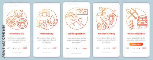 Environmental issues onboarding mobile app page screen vector template. Biodiversity loss. Walkthrough website steps with linear illustrations in red. UX, UI, GUI smartphone interface concept