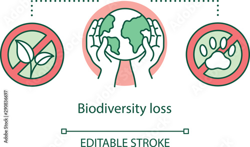Biodiversity loss concept icon. Species extinction. Plants and animals destruction. Habitat loss and fragmentation idea thin line illustration. Vector isolated outline drawing. Editable stroke