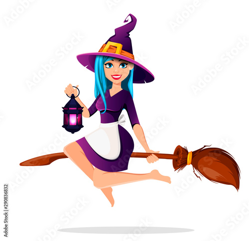 Beautiful lady witch flies on broomstick