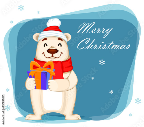 Polar bear in Christmas hat and scarf