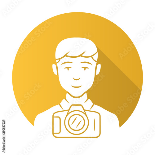 Photojournalist yellow flat design long shadow glyph icon. Photographer, paparazzi. Making snapshot. Professional media reporter. Journalist taking picture. Vector silhouette illustration