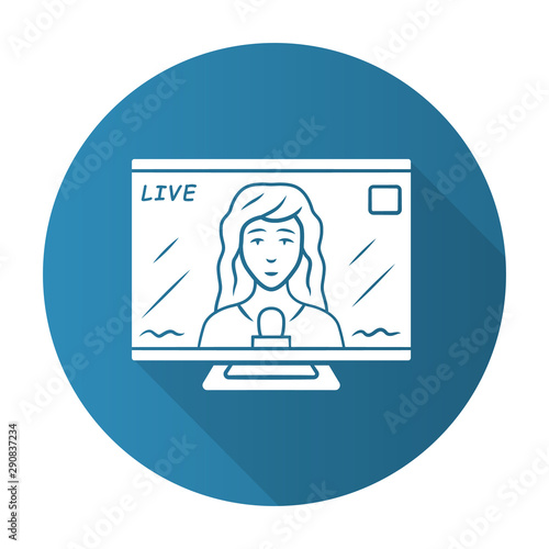 Reporter woman on TV blue flat design long shadow glyph icon. Female journalist reporting breaking news live. Newscast. Newswoman on TV screen. Vector silhouette illustration