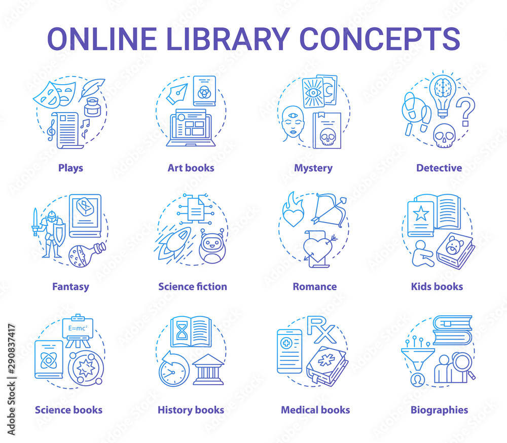 Online library gradient blue concept icons set. Book catalogue idea thin line illustrations. Fantasy, biographies, medical, history, plays, romance & mystery types. Vector isolated outline drawings