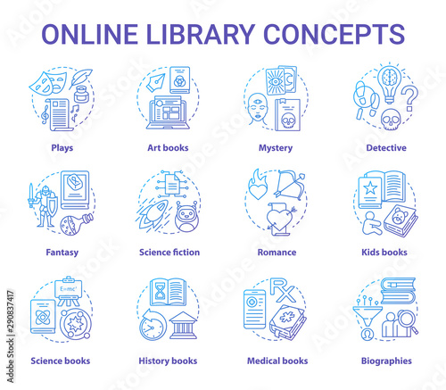 Online library gradient blue concept icons set. Book catalogue idea thin line illustrations. Fantasy, biographies, medical, history, plays, romance & mystery types. Vector isolated outline drawings