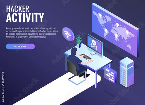 Hacker attack concept. Web banner, infographics. Isometric vector illustration.