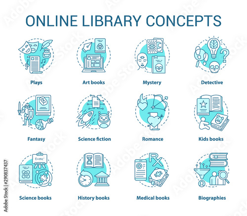 Online library turquoise concept icons set. Book catalogue idea thin line illustrations. Fantasy, biographies, medical, history, romance & mystery types. Vector isolated drawings. Editable stroke