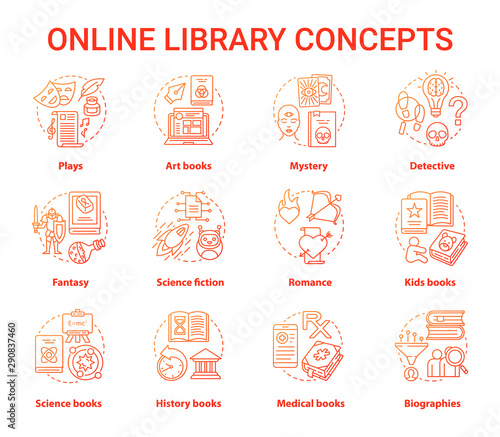 Online library red concept icons set. Book catalogue idea thin line illustrations. Fantasy, biographies, medical, history, plays, romance & mystery types. Vector isolated outline drawings