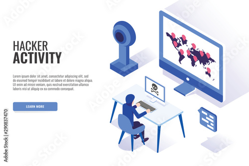 Hacker attack concept. Web banner, infographics. Isometric vector illustration.