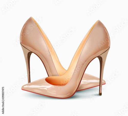 A pair of beautiful female pumps on a white background, sexy shoes, classic. High-heeled shoes, nude color patent leather shoes. 3D effect. Vector illustration. EPS10