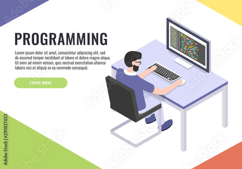 Software development vector illustration of web developer or programmer at computer. Man sitting at workplace desk with laptop programming script. Isometric vector illustration.