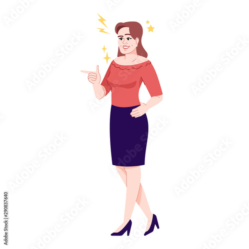Woman in joking mood flat vector illustration. Cheerful girl shows interest with pointing finger gesture. Flirting business lady isolated cartoon character with outline elements on white background