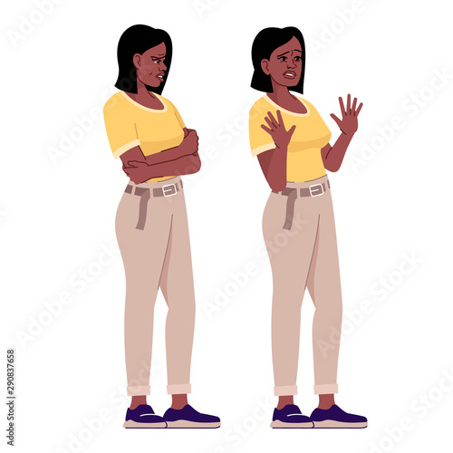 Sad and scared woman flat vector illustration. Angry african american girl with crossed arms and defencive gesture palms isolated cartoon characters with outline elements on white background