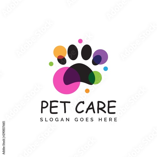 Pet shop clinic home care logo design with house, bright yellow sun and dog or cat footprints