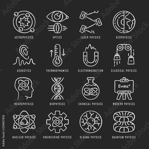Physics branches chalk icons set. Physical processes and phenomenons. Classical, modern and quantum physics. Acoustics, electromagnetism, thermodynamics. Isolated vector chalkboard illustrations