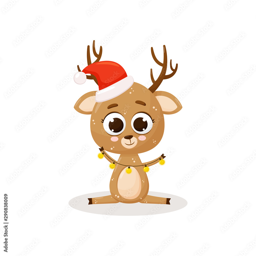 Christmas deer with a garland in the hands. Red hat of Santa Claus. Vector illustration. Cute cartoon deer. Isolated on white background Christmas deer with a garland in the hands. Red hat of Santa Claus. Vector illustration. Cute cartoon deer. Isolated on white background