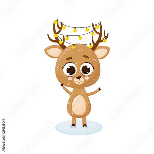 Christmas deer with a garland in the horns. Vector illustration. Cute cartoon deer. Isolated on white background