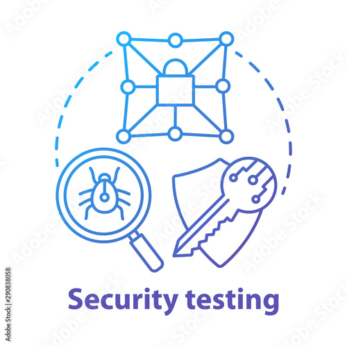Security testing concept icon. Safety audit. Key reliability and antivirus defence. Intrusion data protection idea thin line illustration. Vector isolated outline drawing