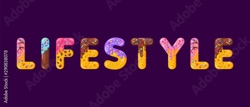 Lifestyle biscuit vector lettering. Glazed gingerbread inscription. Tempting flat design typography. Cookies letters mindful phrase isolated on dark purple. Biscuit word t shirt print, banner element