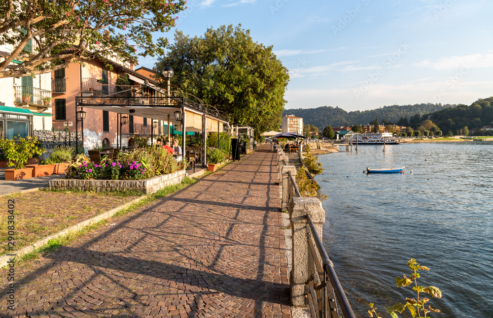 Promenade on the shore of Lake Maggiore in Laveno Mombello, province of Varese, Italy
