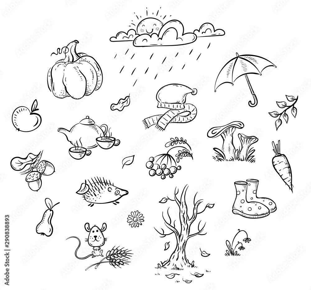 Obraz premium Autumn clipart set, cartoon vector illustration, hand-drawn