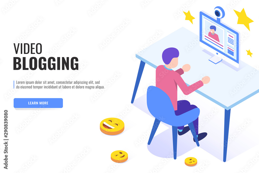 Video blogging concept. Male blogger recording video at home. Web banner, infographics. Isometric vector illustration. Video blogging concept. Male blogger recording video at home. Web banner, infographics. Isometric vector illustration.