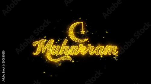 Muharram wish Text Sparks Glitter Particles on Black Background. Greeting card, Wishes, Celebration, Party, Invitation, Gift, Event, Message, Holiday, Festival 4K Loop Animation. photo