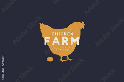 Logo template with hand drawn silhouette of hen in vintage style on dark background. Chicken farm. Vector logotype design.