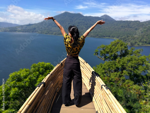 Panoramic landscape view from a bamboo boat from Wanagiri Hidden Hills in Bali