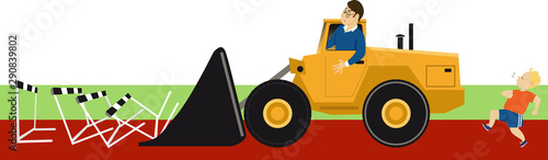 Bulldozer parent removing obstacles before his overprotected child, EPS 8 vector illustration