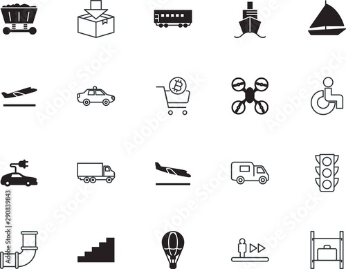 transport vector icon set such as: escalators, disable, electronic, human, wheelchair, open, start, worker, tour, regulation, environmental, gasoline, driverless, automotive, mall, go, steps, courier