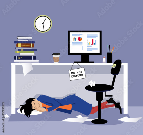 Woman sleeping under her office desk during working hours, EPS 8 vector illustration