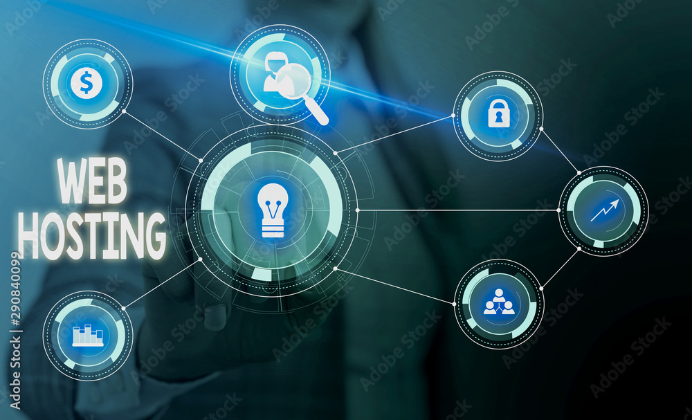 Text sign showing Web Hosting. Business photo showcasing The activity of providing storage space and access for websites Woman wear formal work suit presenting presentation using smart device Text sign showing Web Hosting. Business photo showcasing The activity of providing storage space and access for websites Woman wear formal work suit presenting presentation using smart device
