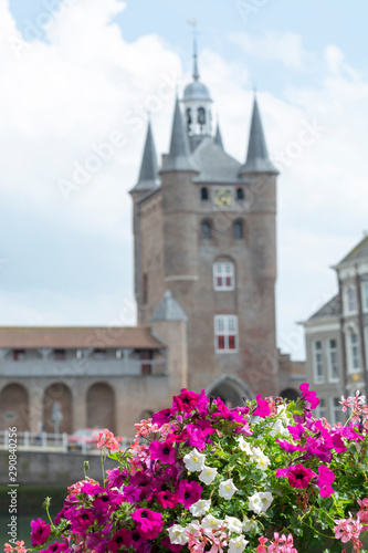 View on old Dutch houses and tower in Zierikzee, historical town in Zeeland, Netherlands