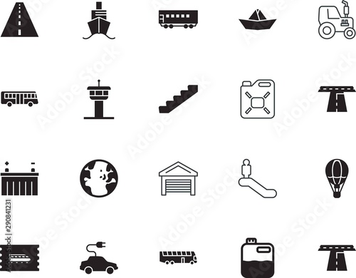 transport vector icon set such as: production, break, electronic, machine, guide, control, sphere, universal, equipment, nature, sail, plane, steps, hot, warehouse, metal, escalators, electrical