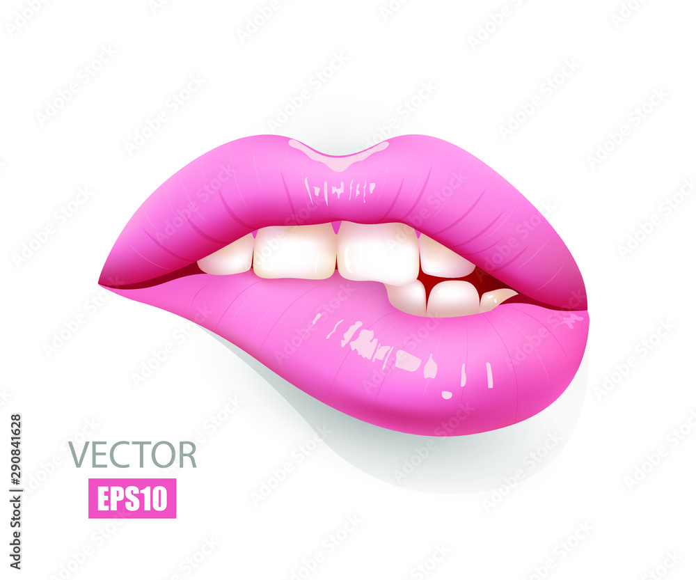 Sexy lips, bite one's lip, female lips with pink lipstick isolated on