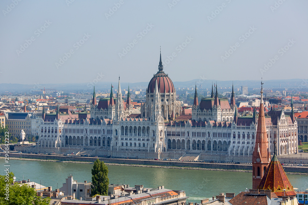 Fototapeta premium Hungarian Parliament Building and Dunabe river, view from Fisherman Bastion, Budapest, Hungary