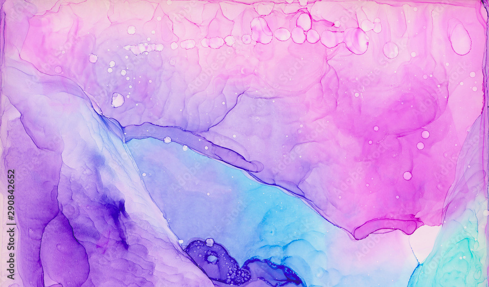 Fototapeta Eteryczna fantazja jasnoniebieski, różowy i fioletowy alkohol atrament streszczenie tło. Jaskrawa ciekła akwareli farby pluśnięcia tekstury skutka ilustracja dla karcianego projekta, sztandary, nowożytny graficzny projekt