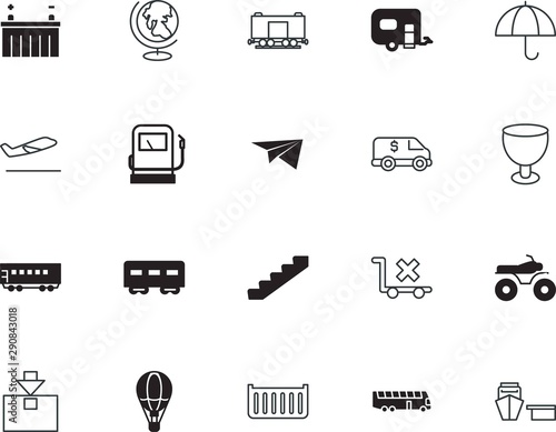 transport vector icon set such as: airliner, shipment, sticker, battery, bike, stairs, continent, trolley, dry, success, wood, engine, takeoff, geography, floor, terminal, currency, buggy