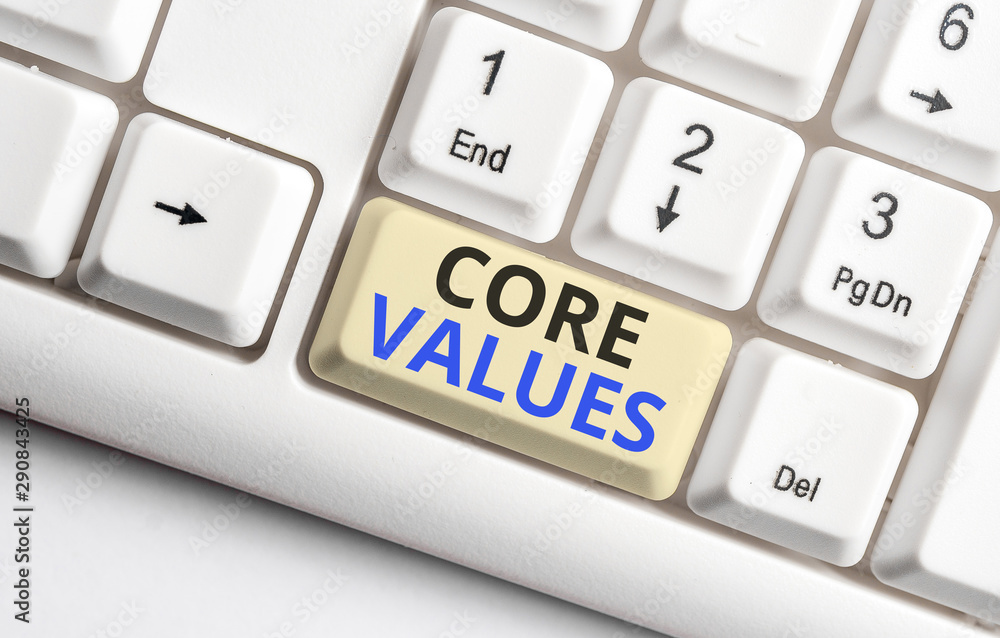 Text sign showing Core Values. Business photo showcasing belief demonstrating or organization views as being importance White pc keyboard with empty note paper above white background key copy space Text sign showing Core Values. Business photo showcasing belief demonstrating or organization views as being importance White pc keyboard with empty note paper above white background key copy space