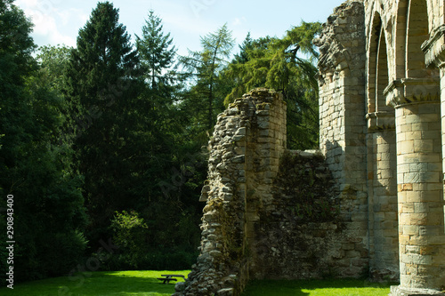 Ancient ruins wall with trees at background