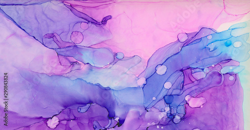 Ethereal fantasy light blue, pink and purple alcohol ink abstract background. Bright liquid watercolor paint splash texture effect illustration for card design, banners, modern graphic design © KatMoy