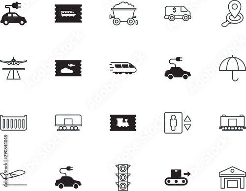transport vector icon set such as: home, tickets, gate, mine, arrow, science, collection, hand, text, hotel, treasure, shape, break, motion, aeroplane, commerce, belt, street, bullet, green