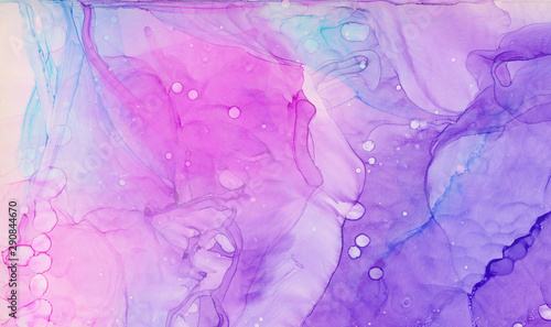 Ethereal fantasy light blue, pink and purple alcohol ink abstract background. Bright liquid watercolor paint splash texture effect illustration for card design, banners, modern graphic design © KatMoy