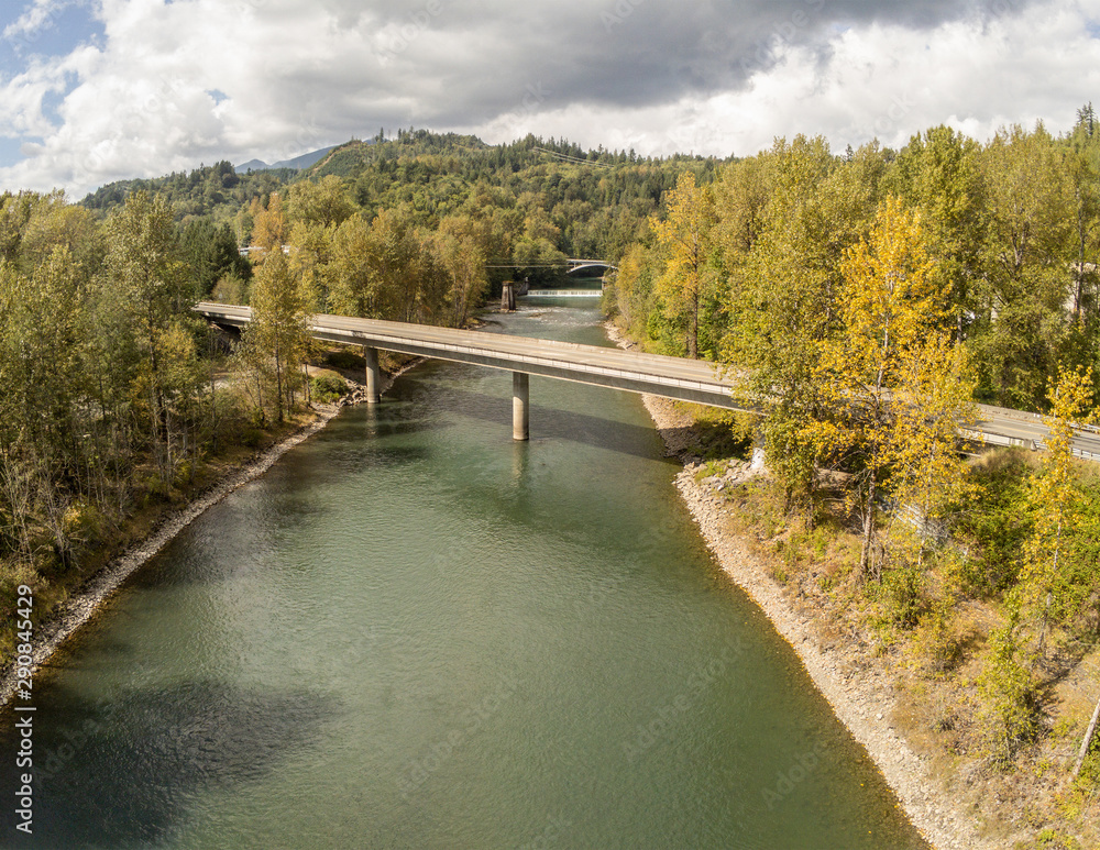 Amazing aerial photography of the majestic Skagit River Confluence in the Northern Cascades of the state of Washington.