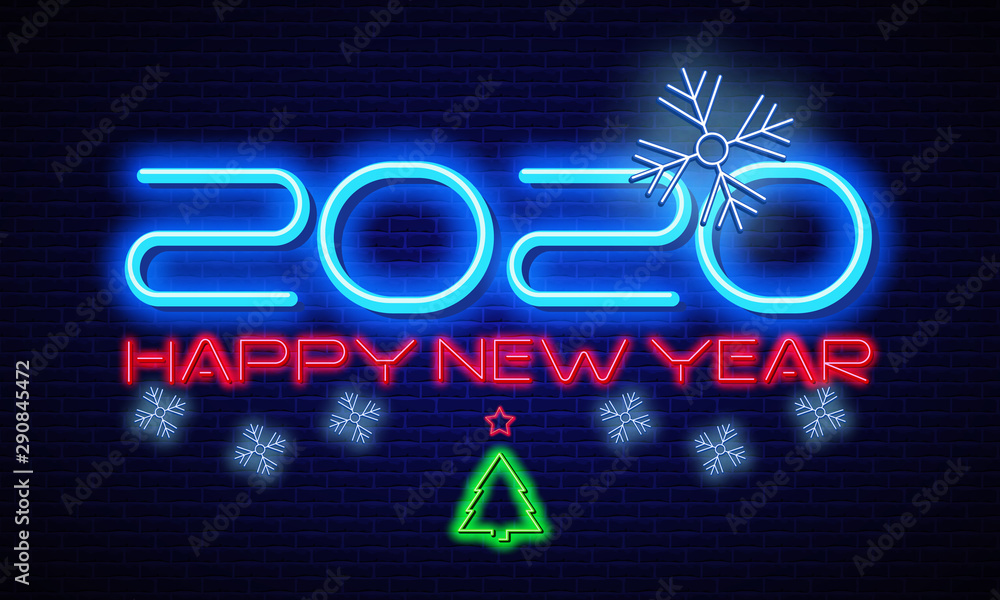 Happy New Year Neon Text.  New year template design for seasonal flyers and greeting cards or Christmas themed invitations. Light Banner. Illustration.