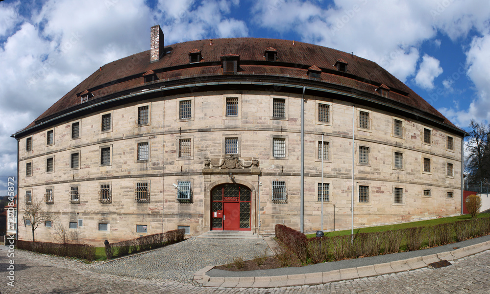 Panoramic view of the old historical prison facade in Kronach city, Germany